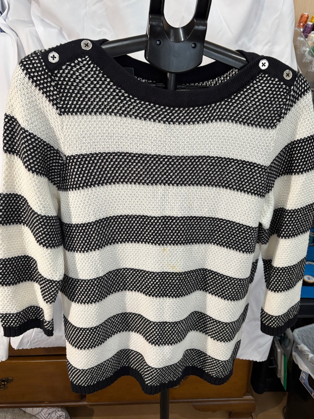 croft & barrow Black and White Striped Knit Sweater with Shoulder Buttons